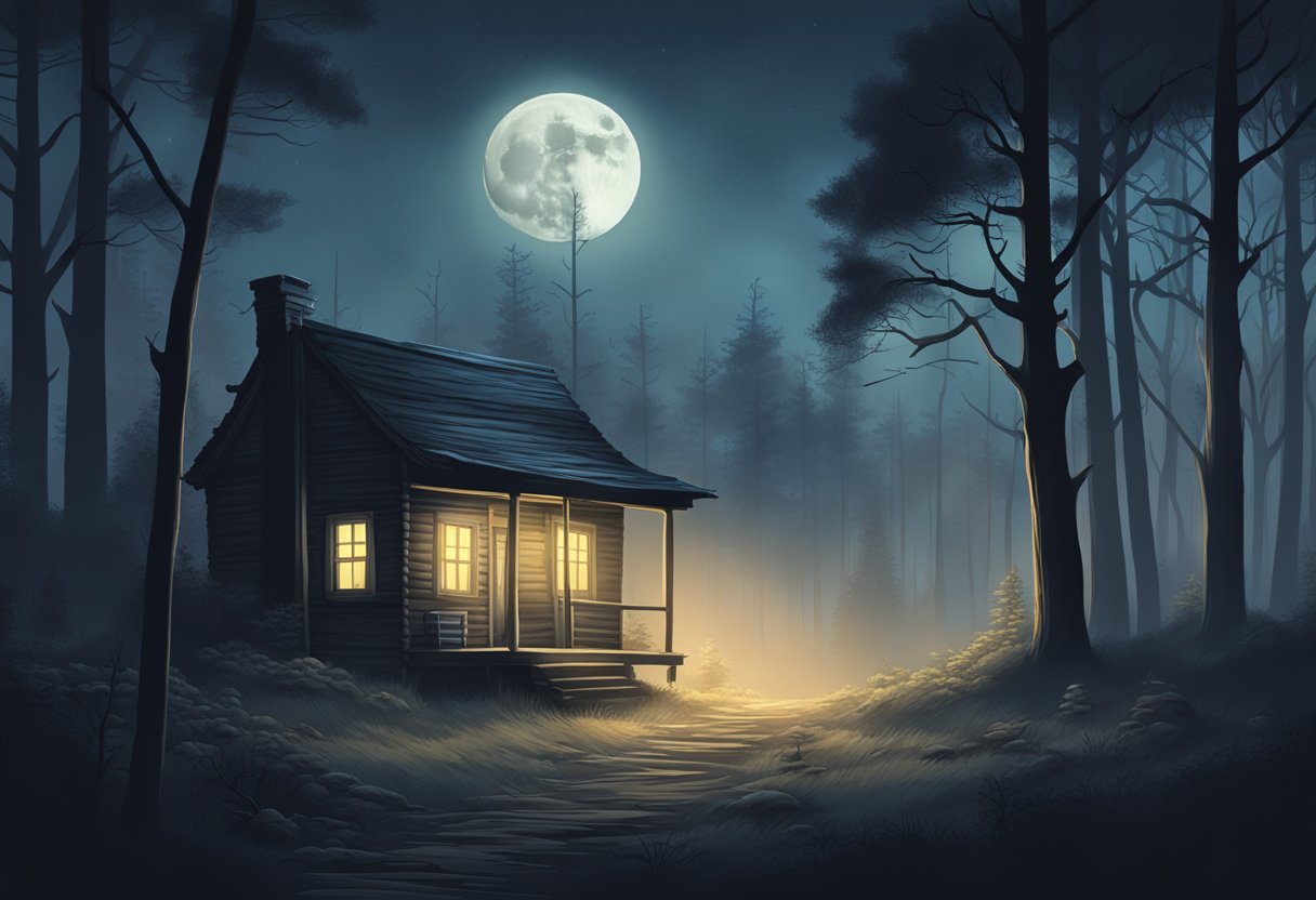 A dark, foggy forest at night with an abandoned cabin, a full moon, and eerie shadows lurking in the background