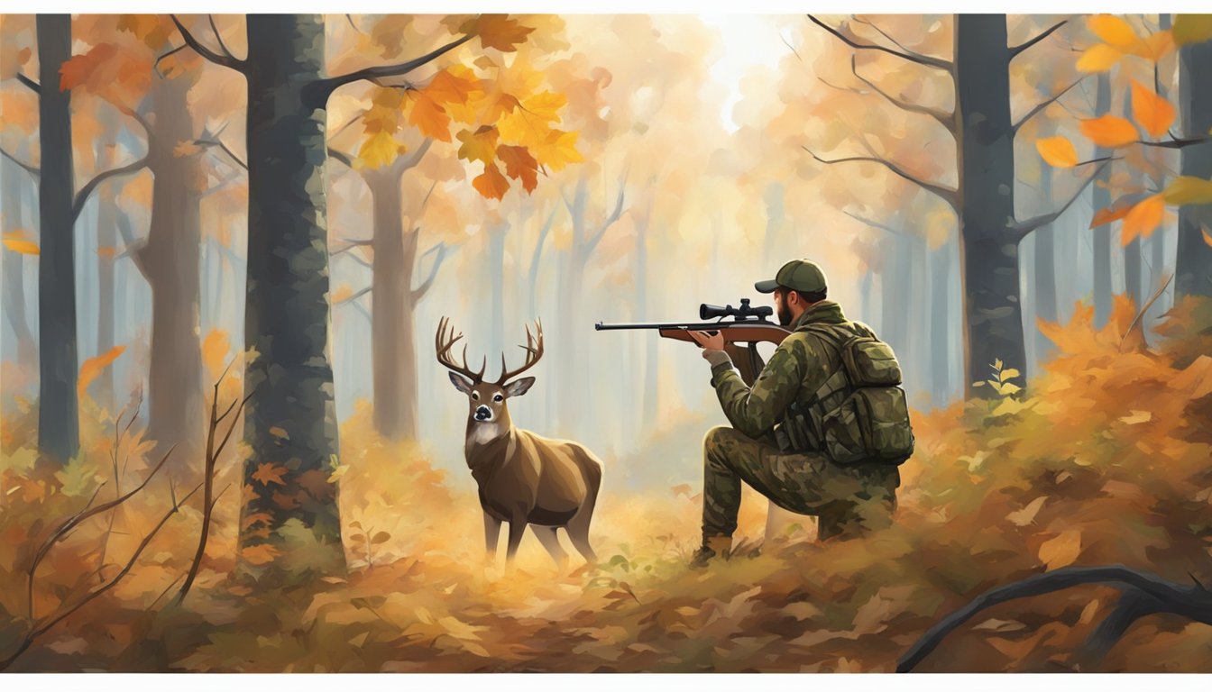 A hunter in camouflage aims a muzzleloader rifle at a deer in a forest clearing. The deer stands alert, framed by autumn foliage