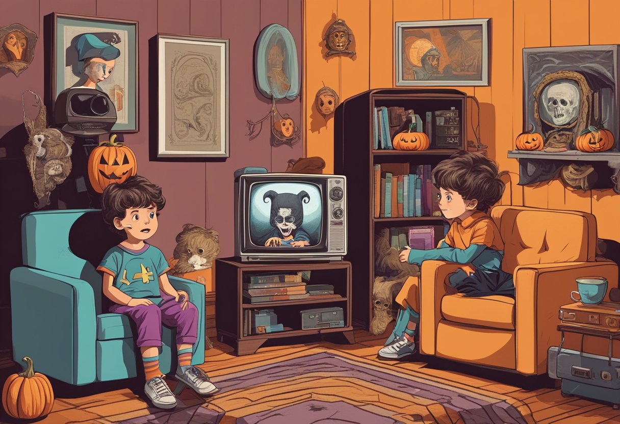 A group of kids in 80s Halloween costumes watch a classic horror movie on a vintage TV, surrounded by retro decorations and posters