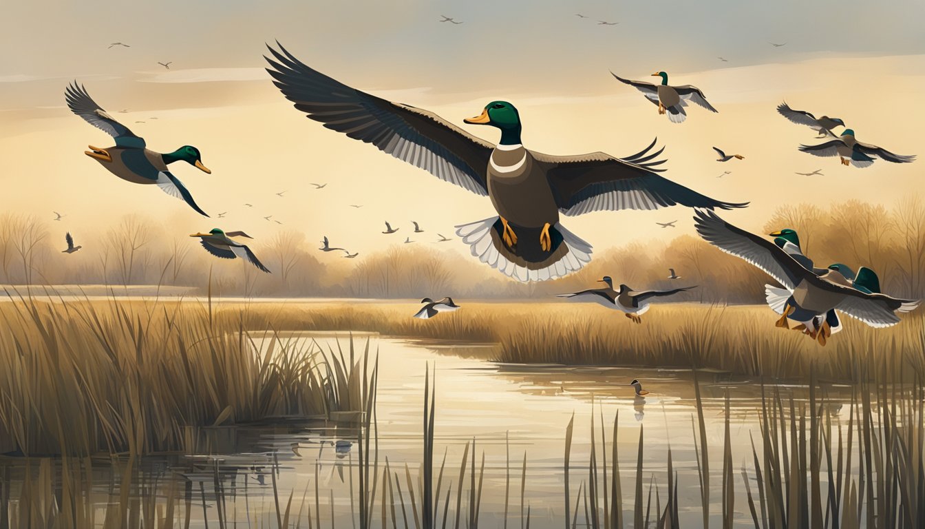 A group of ducks flying over a marshy wetland, with hunters concealed in blinds waiting for their prey