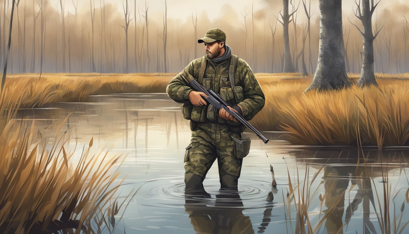 A hunter in camouflage following strict hunting regulations in a marshy wetland