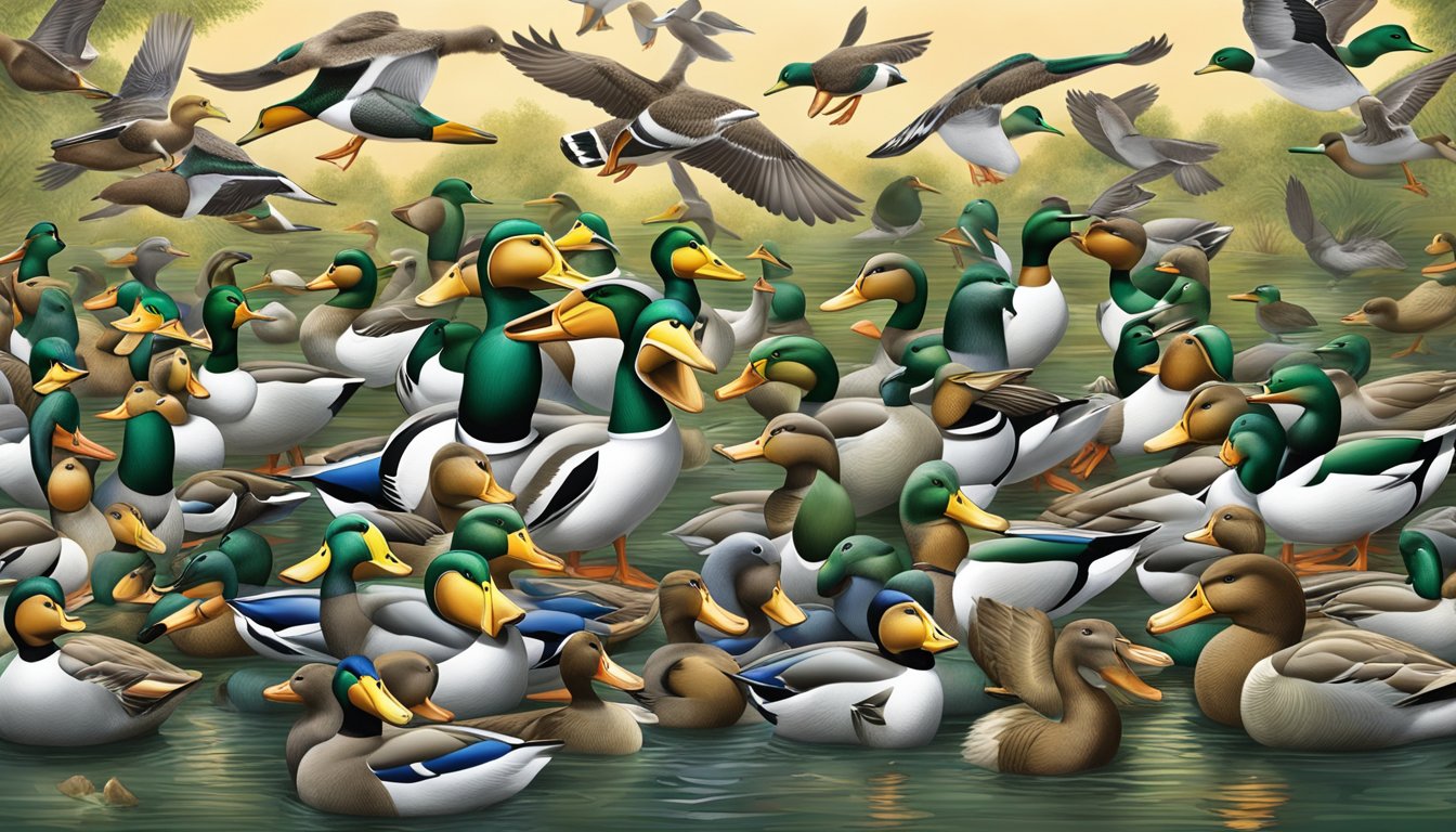 Mallards surrounded by call makers and brands, creating a cacophony of duck calls