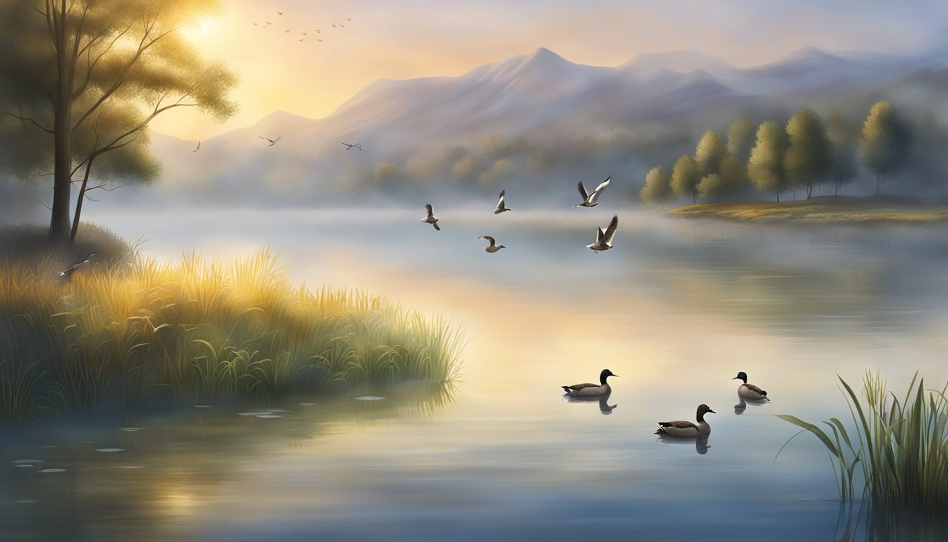 A serene lakeside at dawn, with a mist rising from the water and a group of ducks taking flight