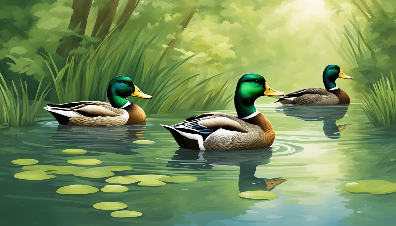 A group of mallards swimming in a serene pond, surrounded by lush greenery and gentle sunlight filtering through the trees