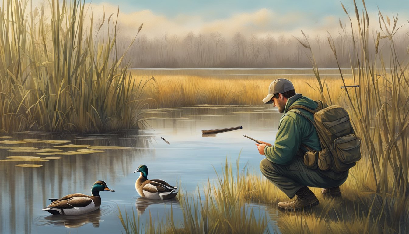 A hunter checking duck hunting regulations on a sign in a marshy wetland area