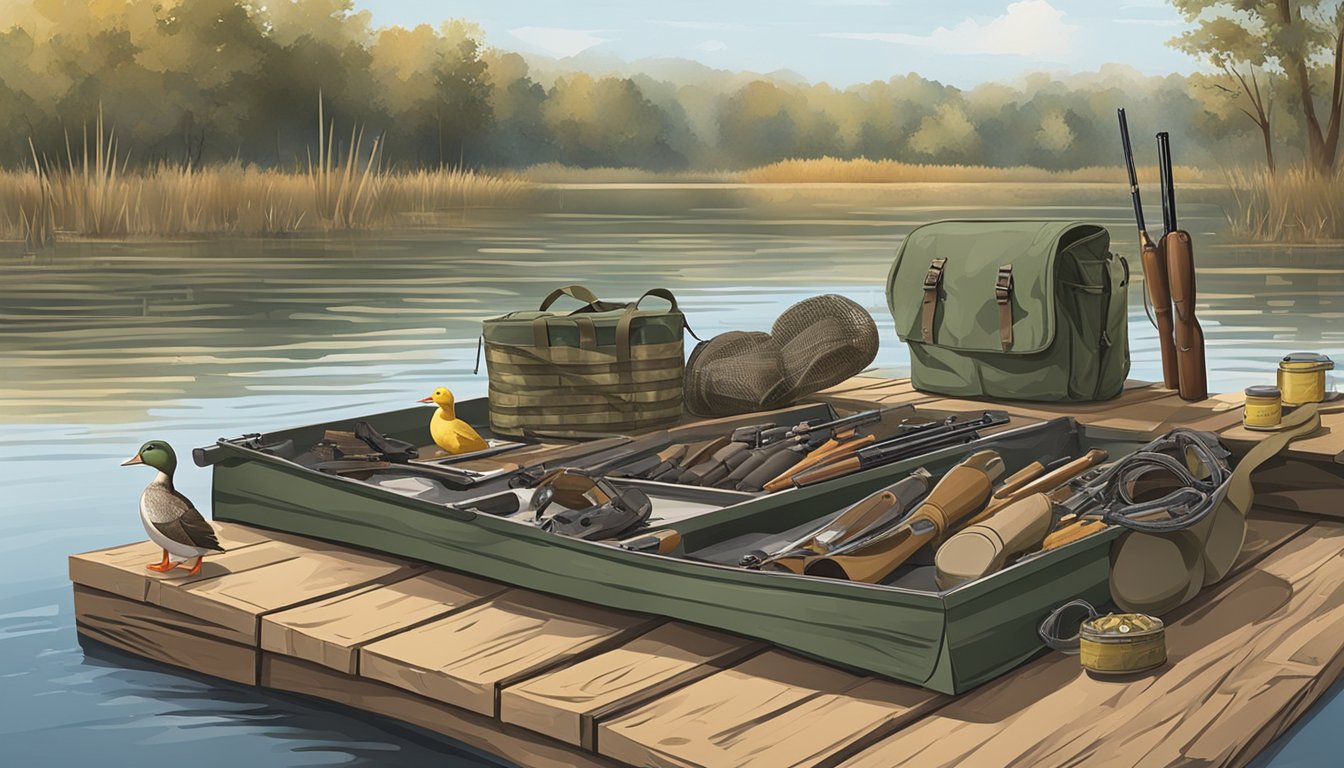 Duck hunting gear laid out on a wooden dock with decoys floating in the water and a hunting blind set up in the distance