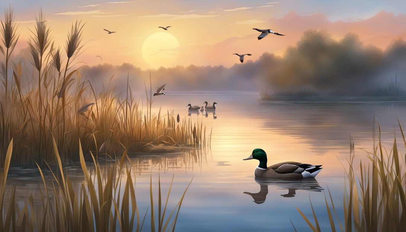 A serene lake at dawn, surrounded by reeds and cattails. A group of ducks take flight as a hunter hides in a blind