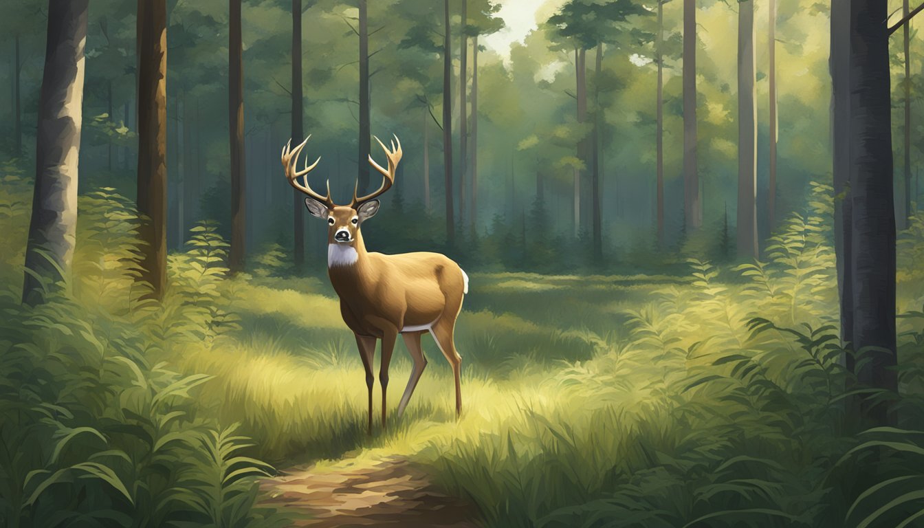 A dense forest with a clearing, where a majestic whitetail deer stands alert, surrounded by tall grass and trees