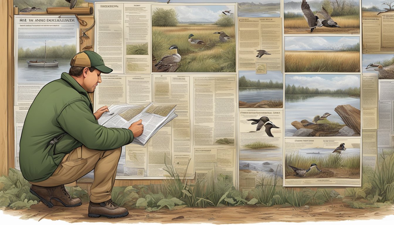 A hunter reading a bulletin board covered in duck hunting regulations