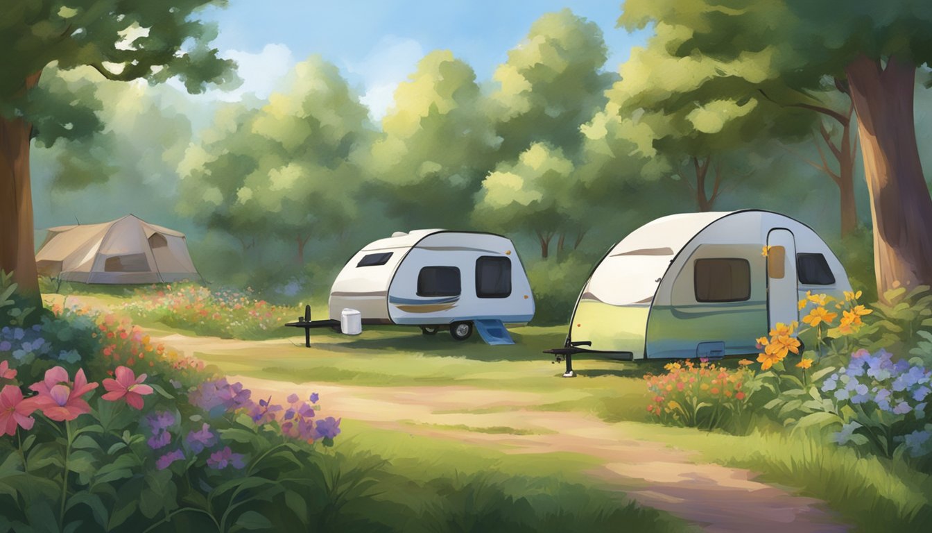 Lush greenery surrounds a tranquil campground, with colorful wildflowers in bloom and a gentle breeze rustling through the trees