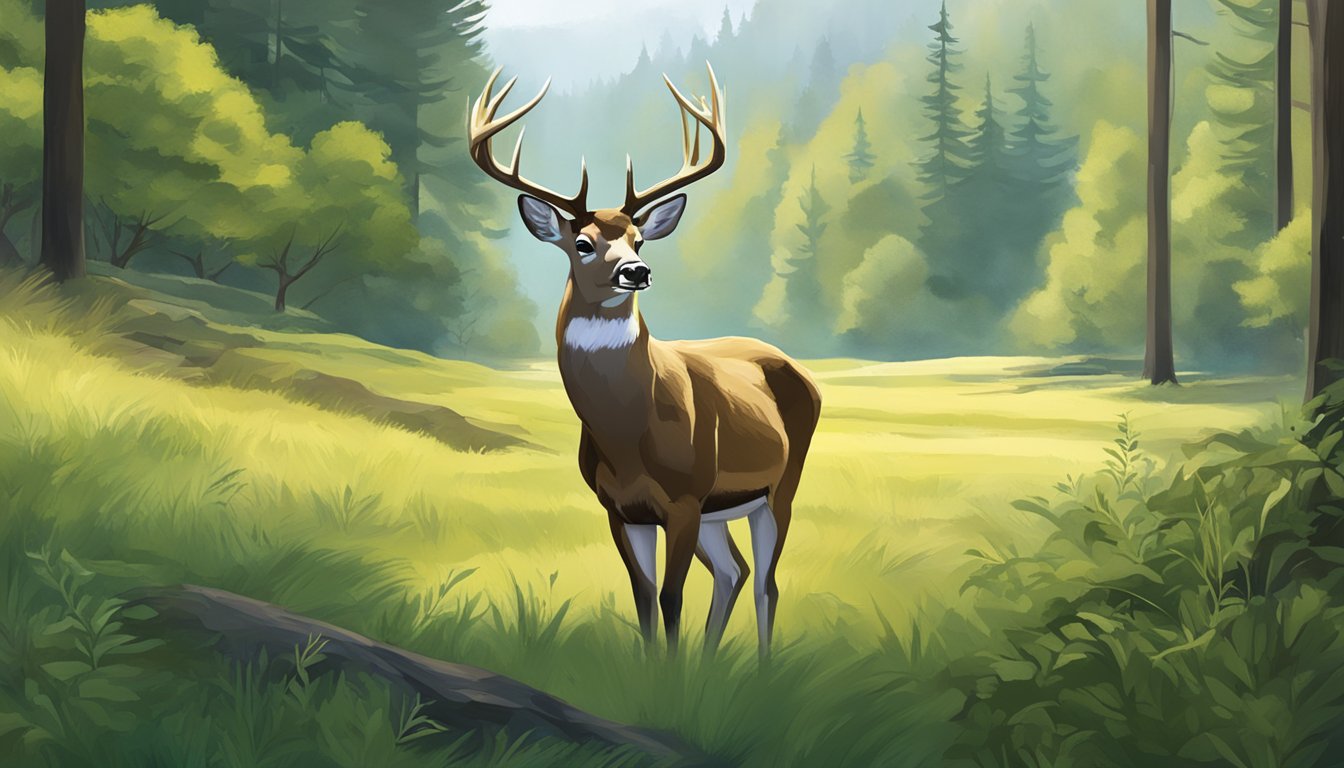 A serene forest with a majestic whitetail deer peacefully grazing in a lush, natural setting