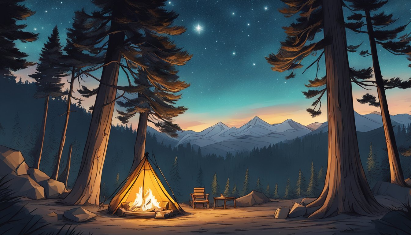 A serene campsite nestled among tall pine trees, with a crackling campfire, cozy tent, and a clear starry sky overhead