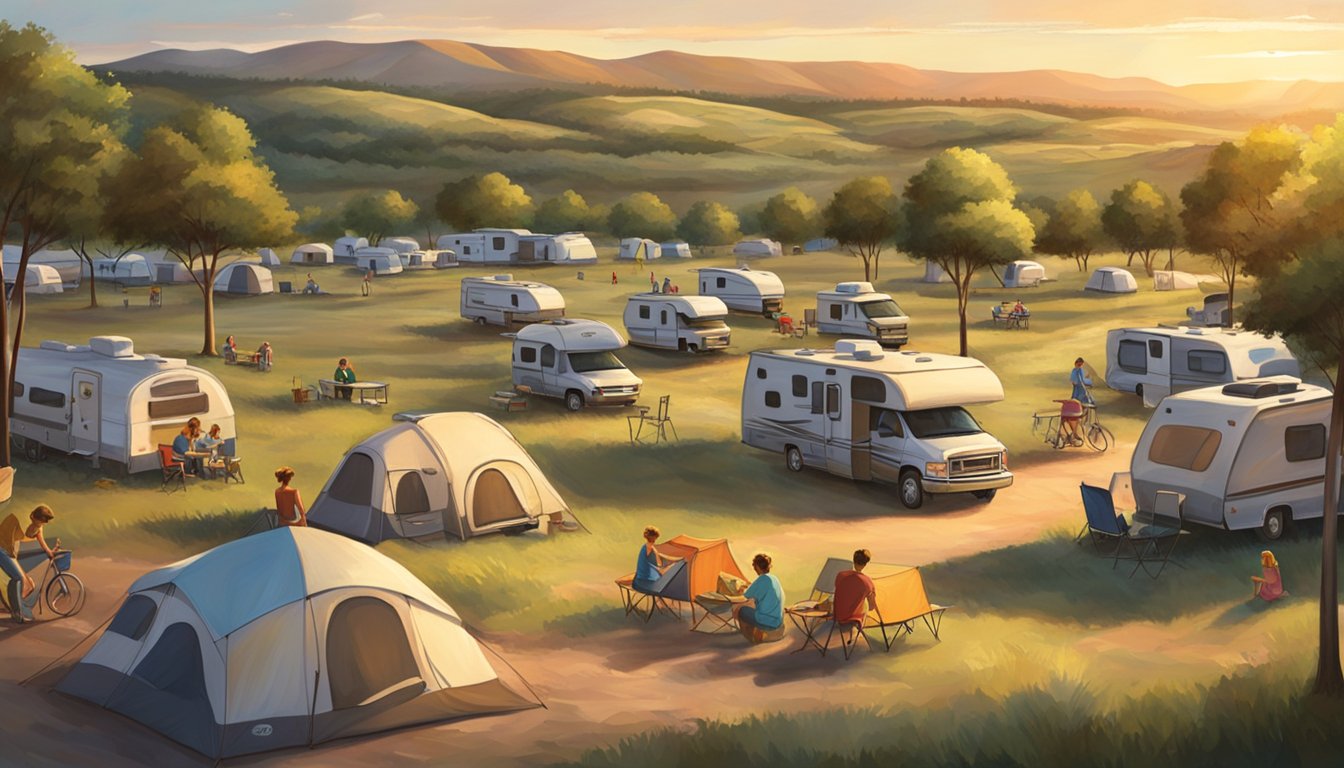 The sun sets over rolling hills, casting a warm glow on the sprawling Texas campground. Tents and RVs dot the landscape, while families gather around campfires and children play in the nearby facilities