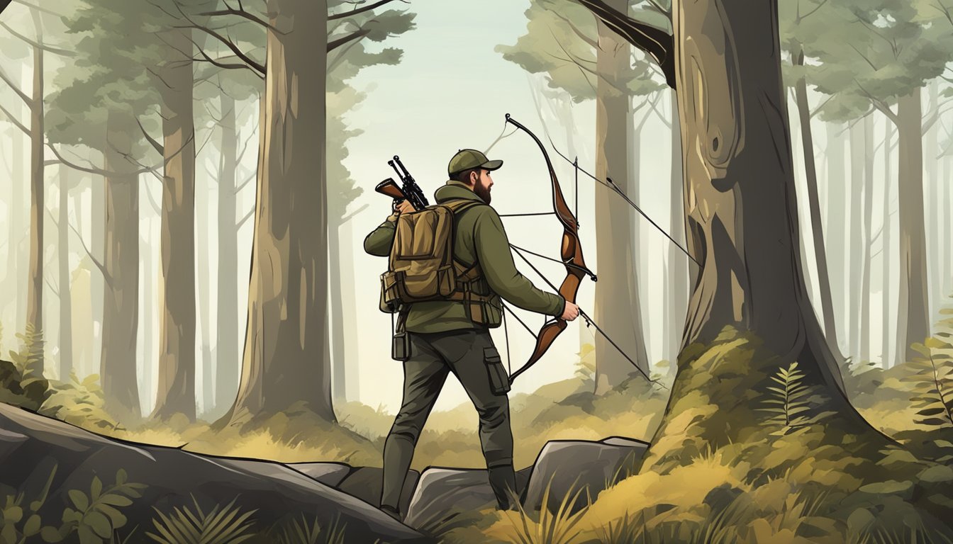 A hunter stands in a forest, aiming a crossbow at a distant target. A traditional bow hangs from a nearby tree