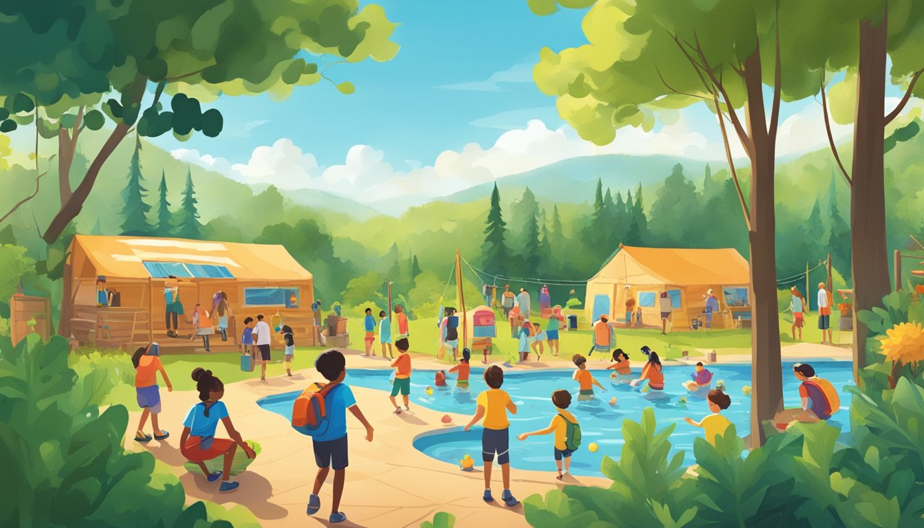 A bustling Texas summer camp scene with kids engaged in various activities like swimming, hiking, and arts and crafts. The camp is surrounded by lush greenery and a bright, sunny sky