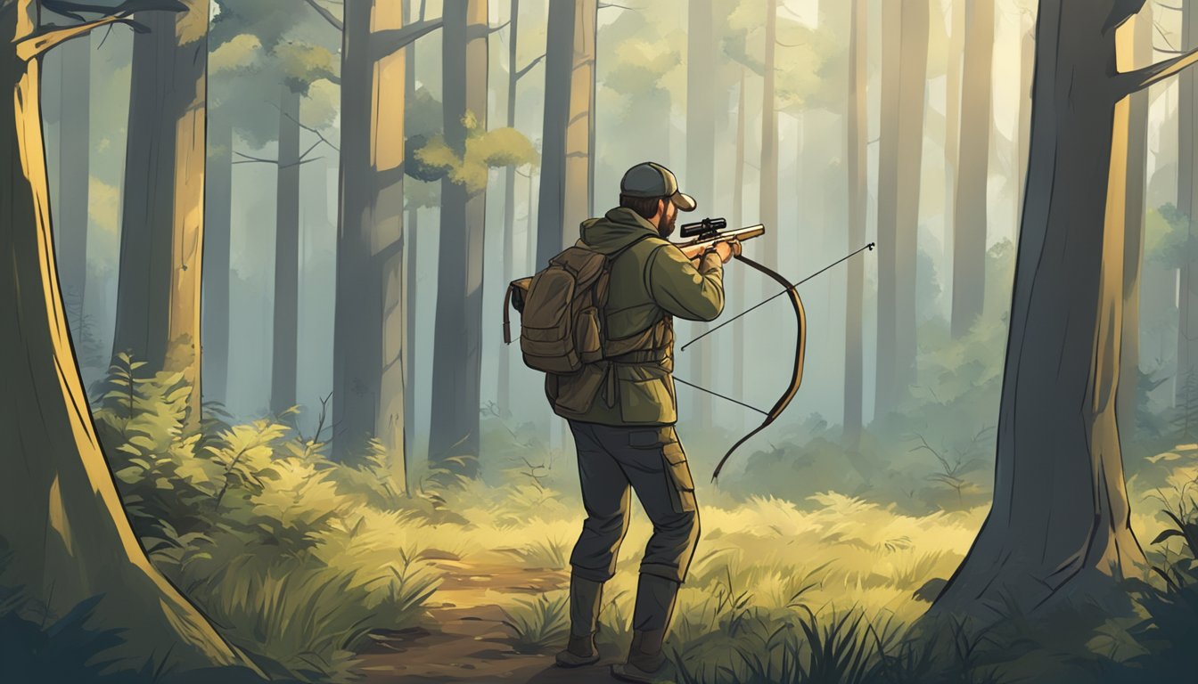 A hunter stands in a forest clearing, aiming a crossbow at a distant target. Nearby, another hunter draws a traditional bow, ready to take aim