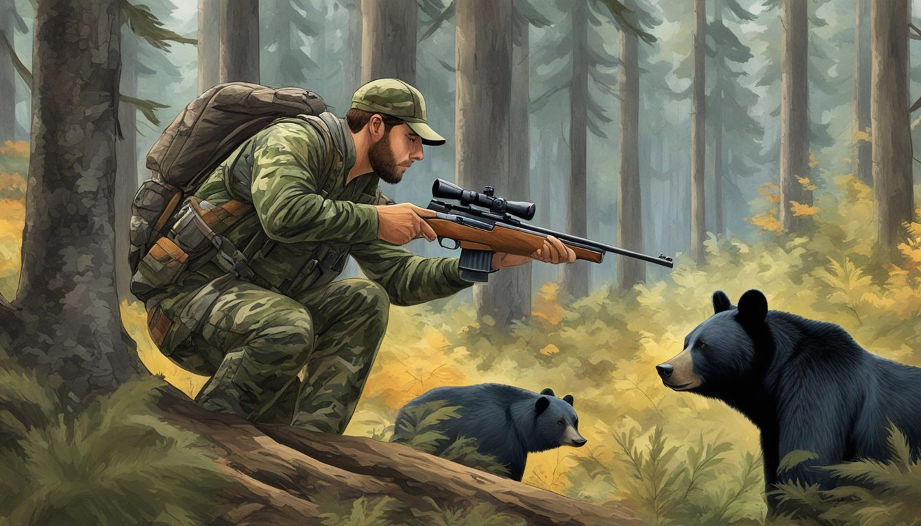 A hunter in camouflage aiming at a black bear in a forest clearing