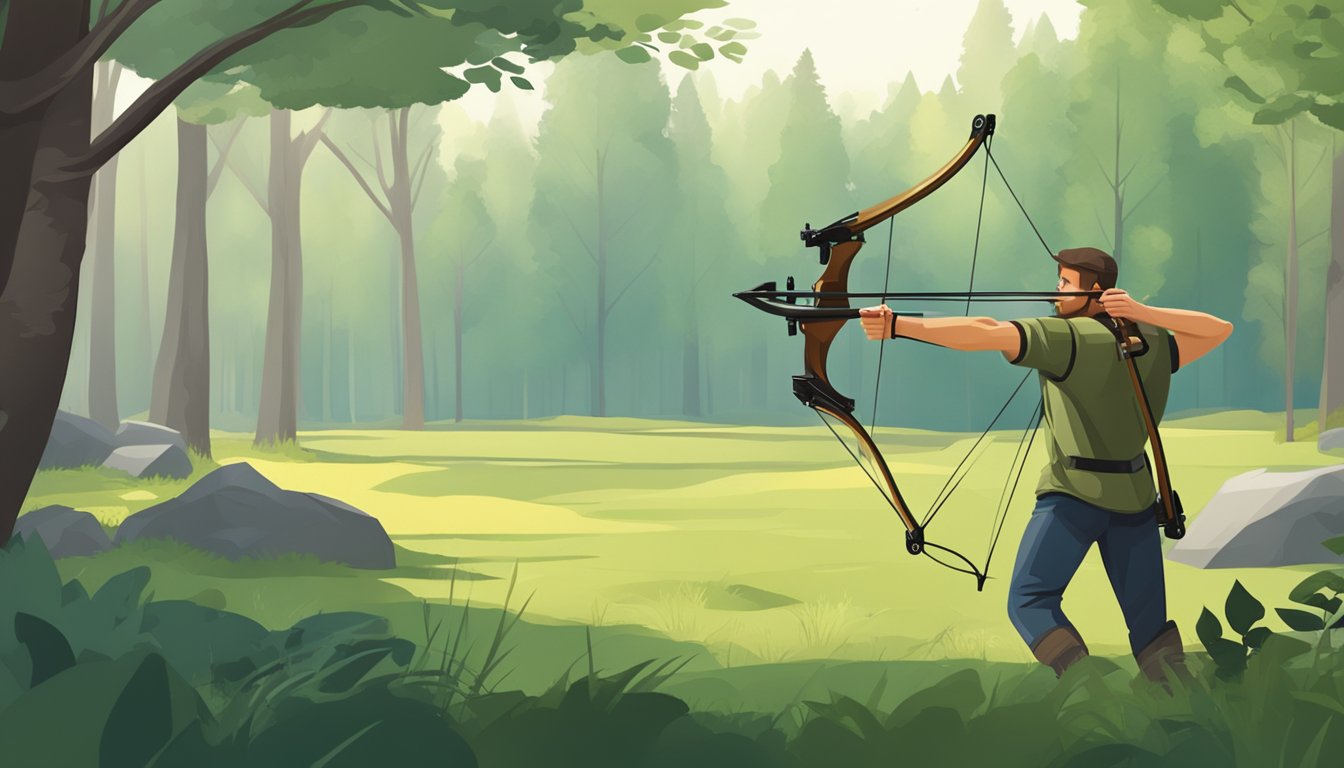 A figure practices archery with a bow and a crossbow in a forest clearing. Target stands in the background