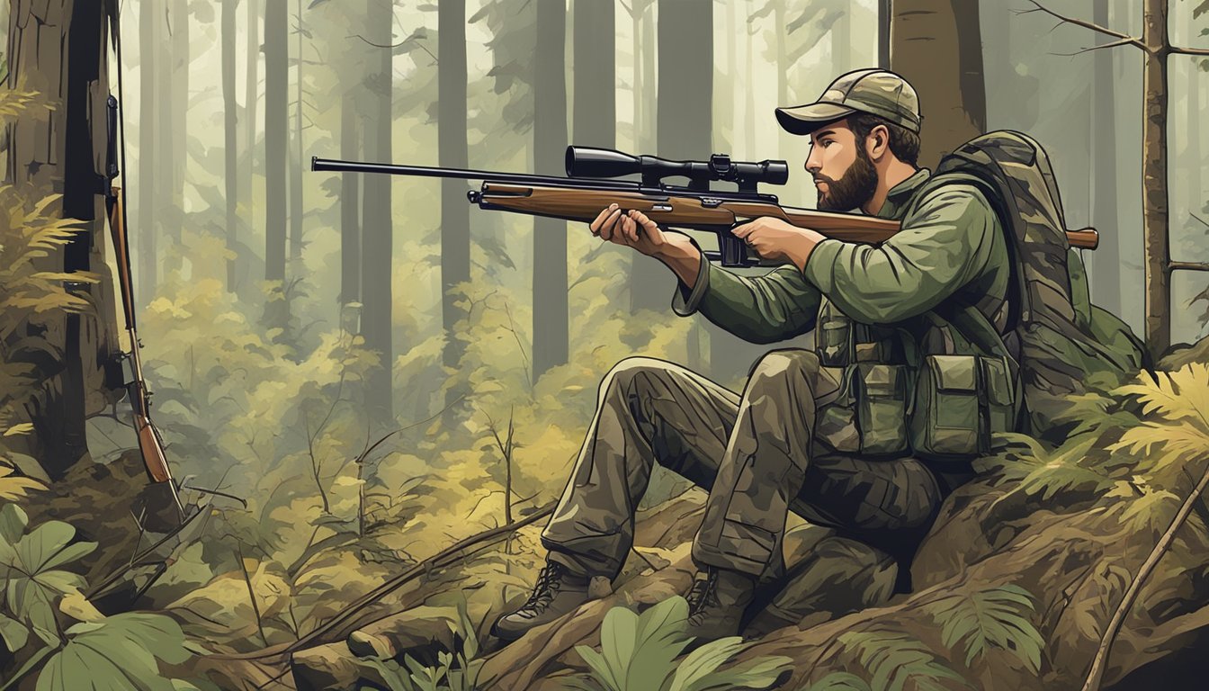 A hunter setting up bait in a dense forest, with a rifle and camouflage gear nearby