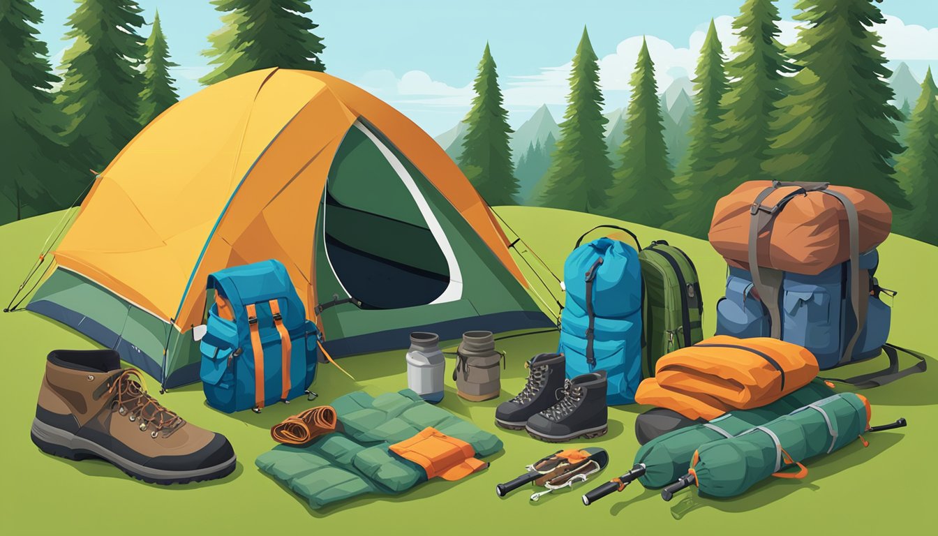 A colorful array of camping gear, including a tent, sleeping bag, backpack, hiking boots, and a fishing rod, laid out on a grassy field with a backdrop of trees and a clear blue sky