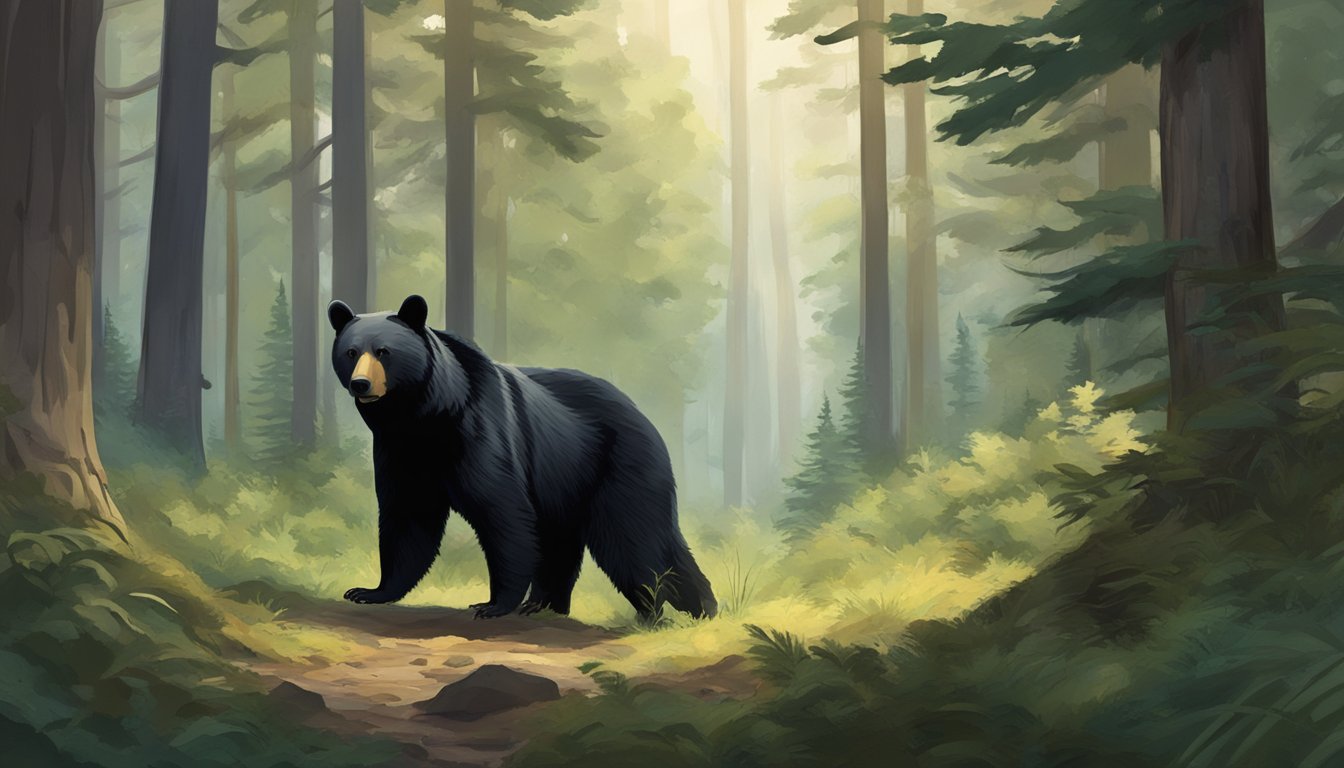 A dense forest with a clearing, a black bear standing on its hind legs, surrounded by tall trees and thick underbrush