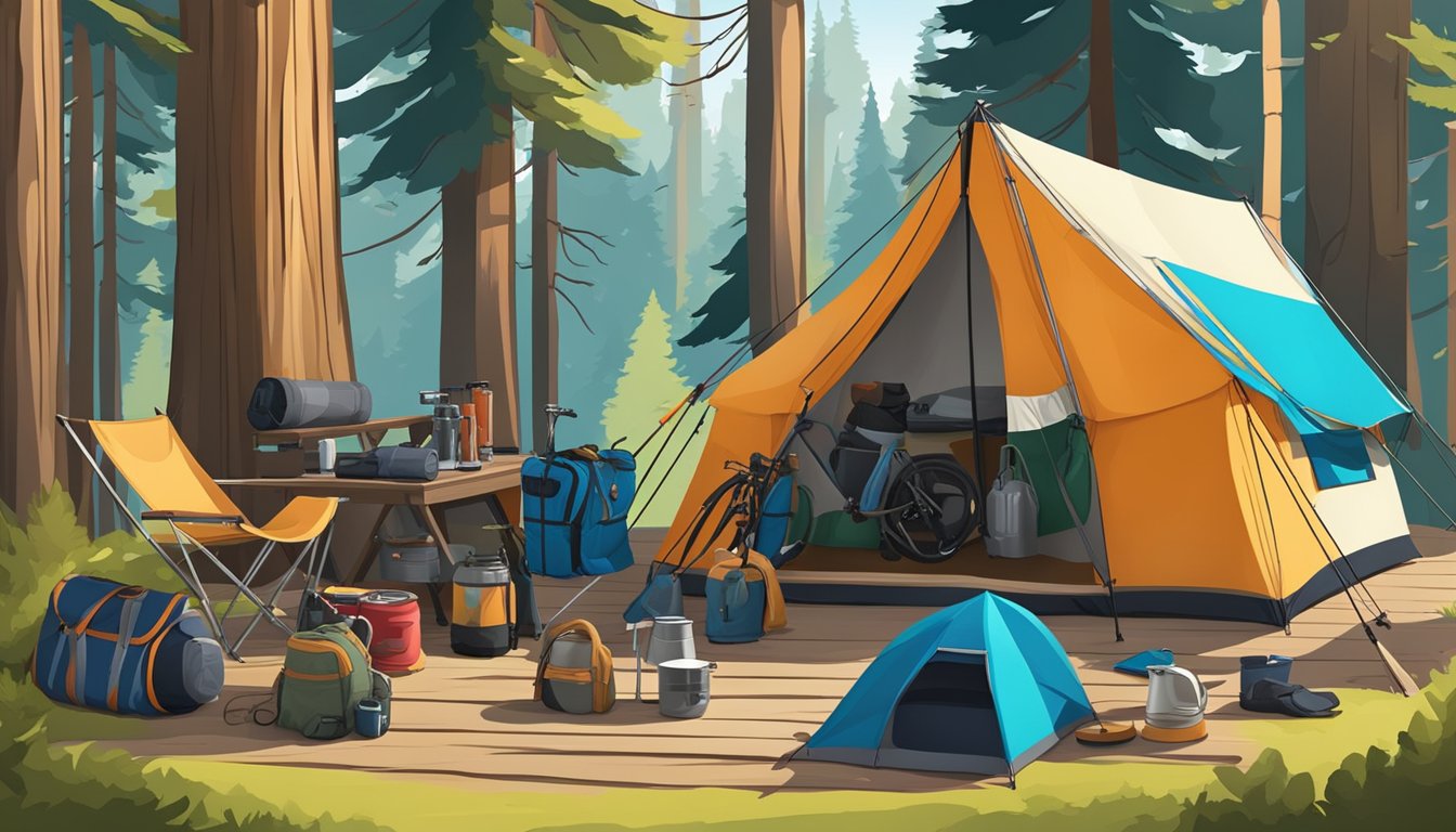 A colorful array of camping gear and outdoor equipment arranged neatly in front of a rustic cabin, surrounded by towering trees and a clear blue sky