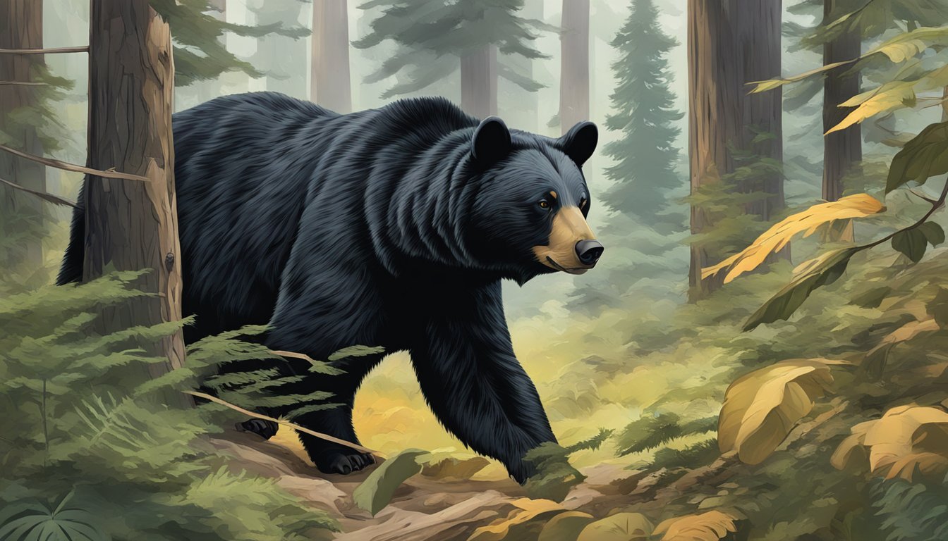 A black bear stealthily stalking through a dense forest, poised to pounce on its unsuspecting prey