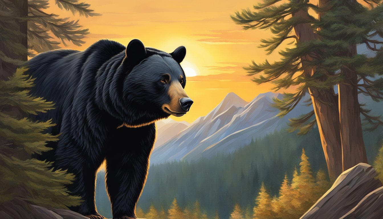 A black bear emerges from the forest, sniffing the air, its ears perked up, ready for the hunt. The sun is setting, casting a warm glow on the surrounding mountains