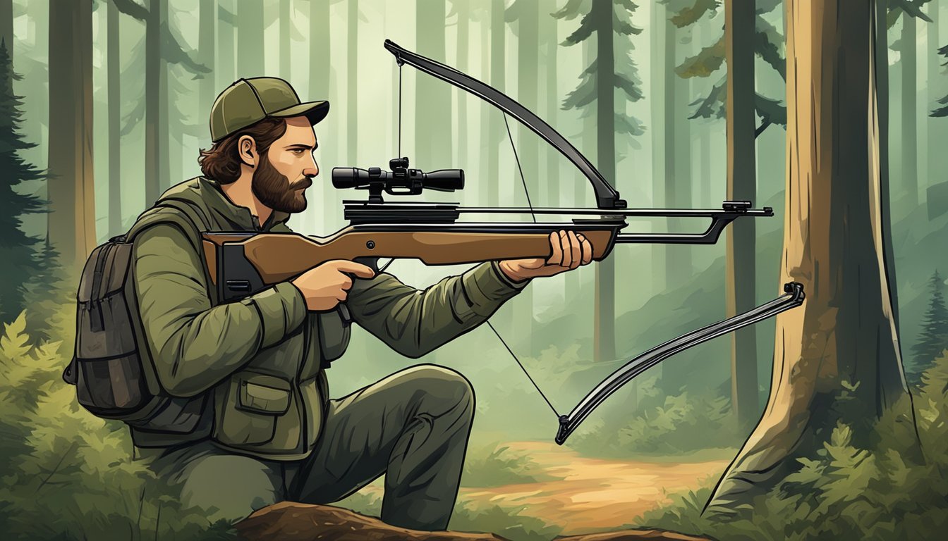 A hunter weighing the cost of a modern crossbow against a traditional bow in a forest setting