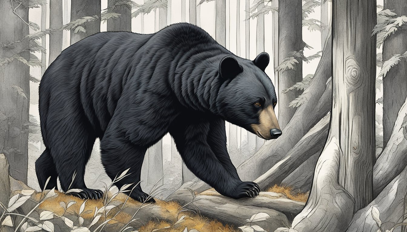 A black bear cautiously prowls through a dense forest, its sharp eyes scanning the surroundings for potential threats. The peaceful yet powerful presence of the bear conveys the delicate balance between ethics and safety in bear hunting