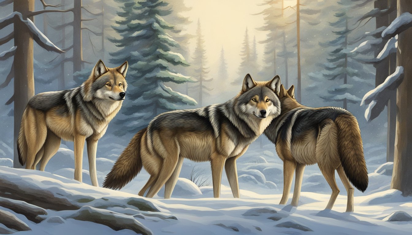 Two wolves and two coyotes standing in a forest clearing, each group displaying distinct physical characteristics