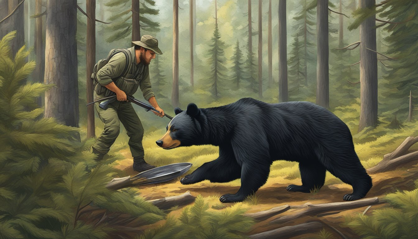 A hunter processing a black bear trophy in a forest clearing