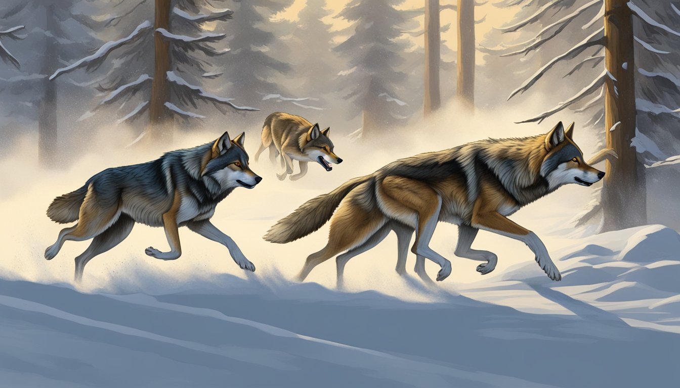 Wolves chase prey while coyotes lurk nearby