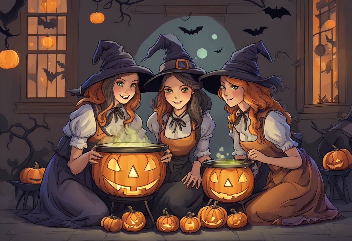 Three women in spooky Halloween outfits gather around a bubbling cauldron, surrounded by jack-o-lanterns and bats