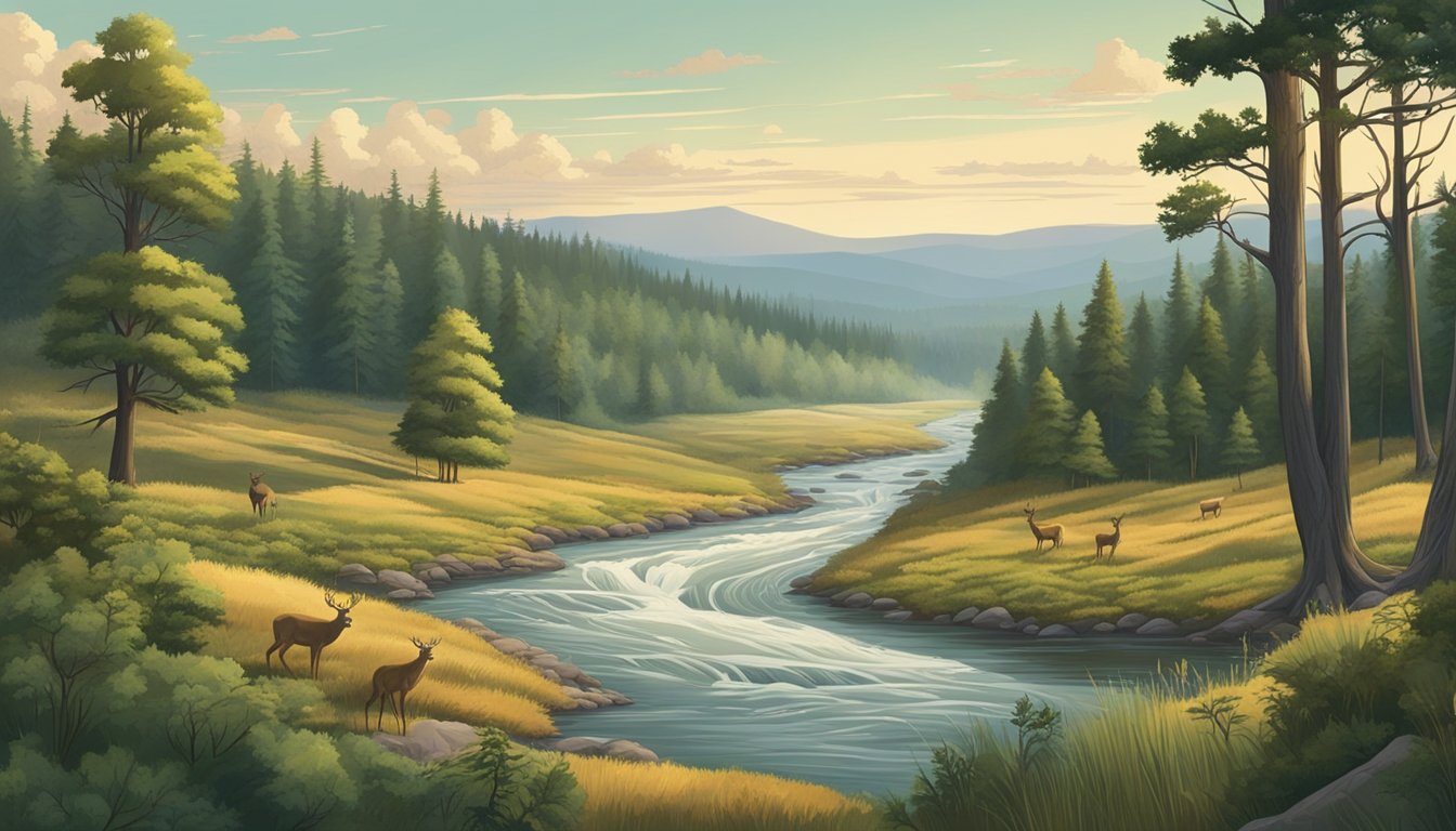 A dense forest with towering trees and a flowing river, surrounded by vast open plains and rolling hills. Wildlife such as deer, elk, and birds can be seen in the distance