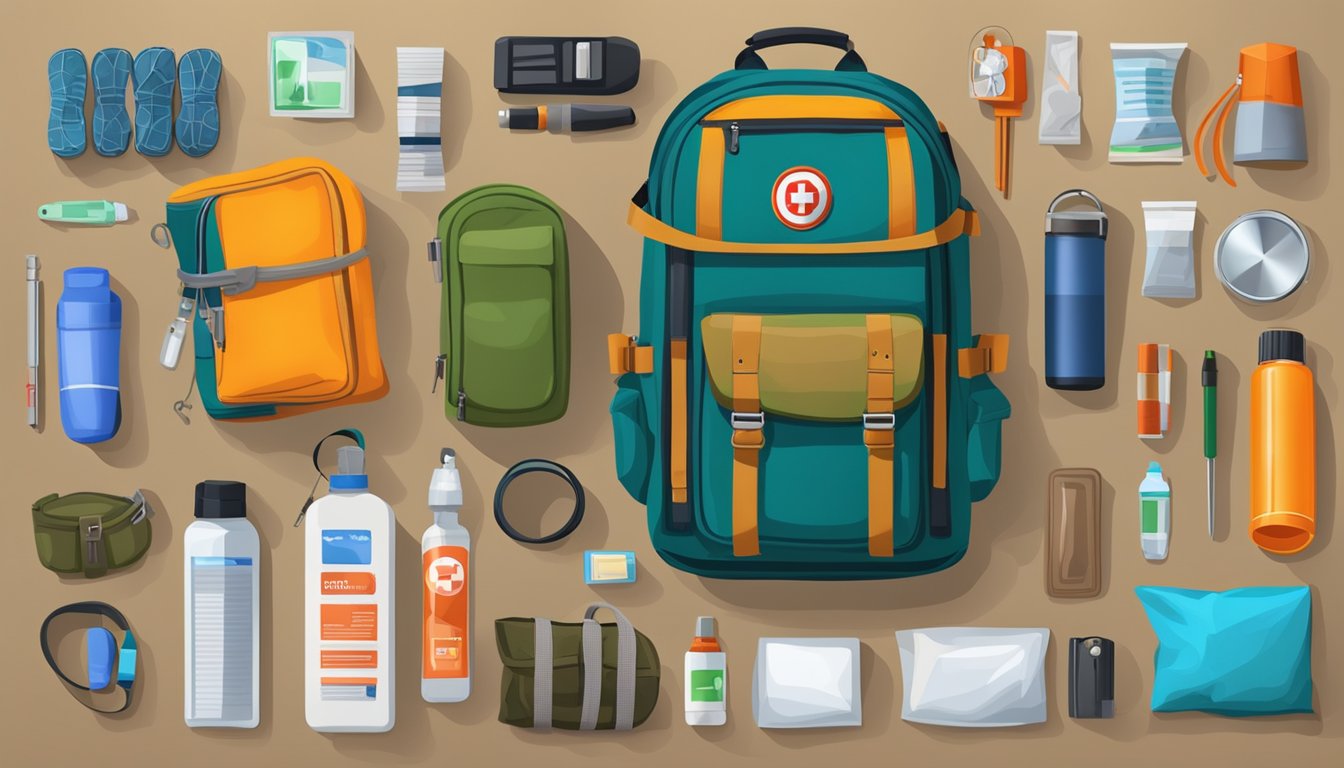 A backpack with personal items and a bug out kit, including a first aid kit, flashlight, and emergency supplies, laid out on a wooden table