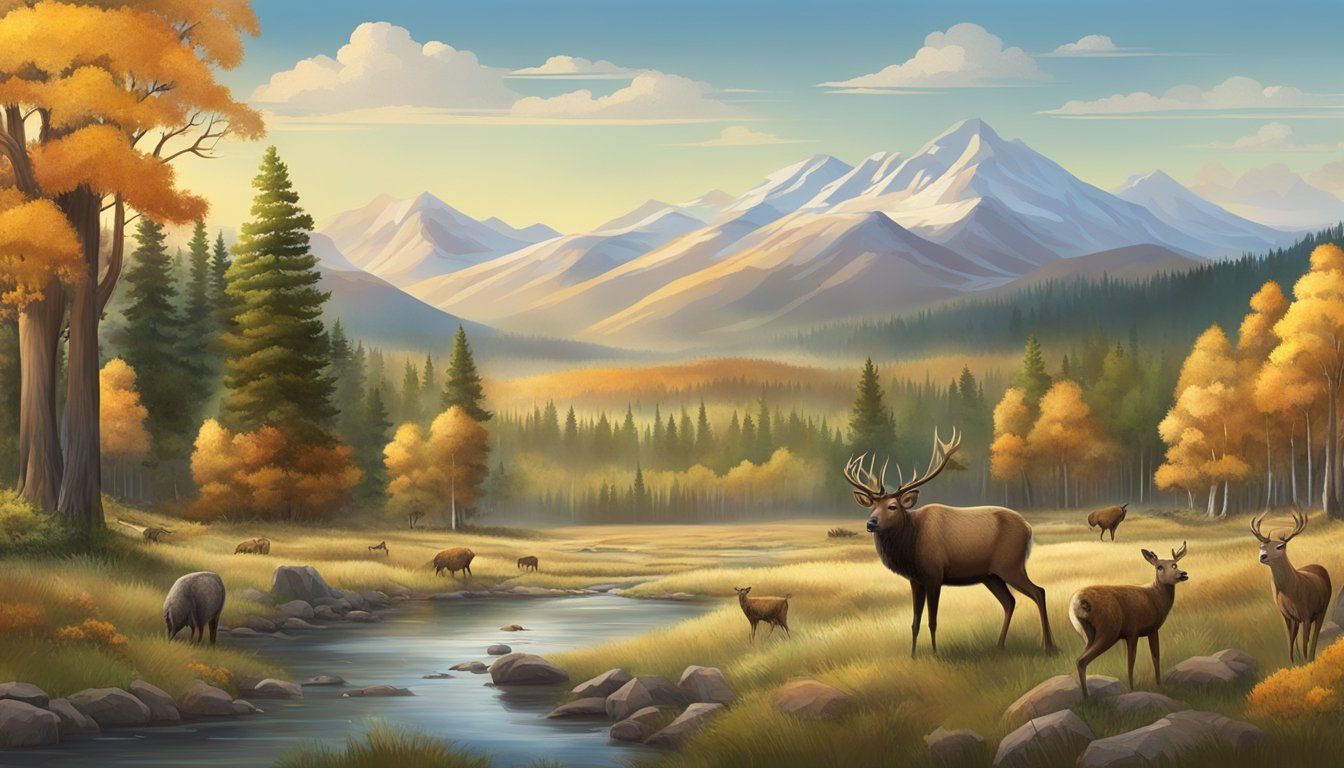 A diverse landscape featuring forests, plains, and mountains, with various wildlife such as deer, elk, bears, and turkeys roaming freely