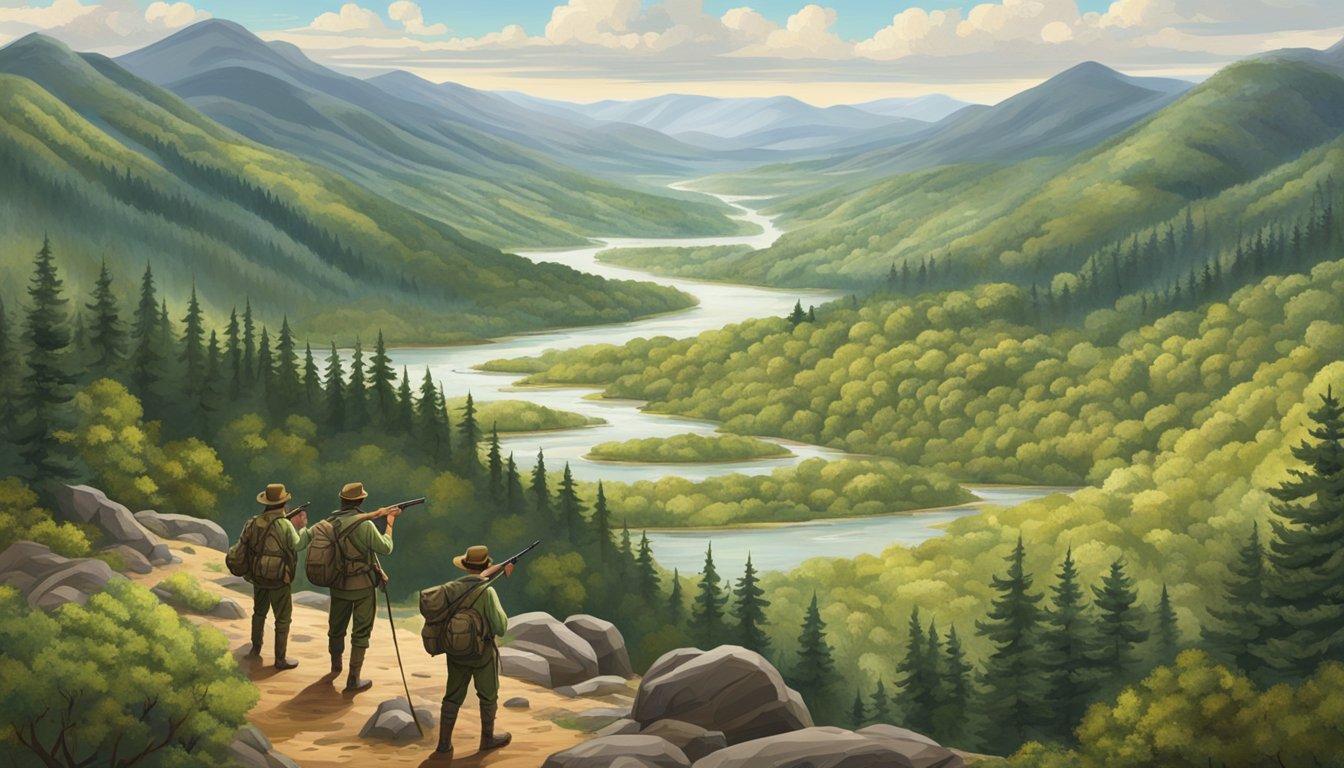 A vast landscape of rolling hills and dense forests, with a winding river cutting through the terrain. A group of hunters trek through the wilderness, their rifles slung over their shoulders