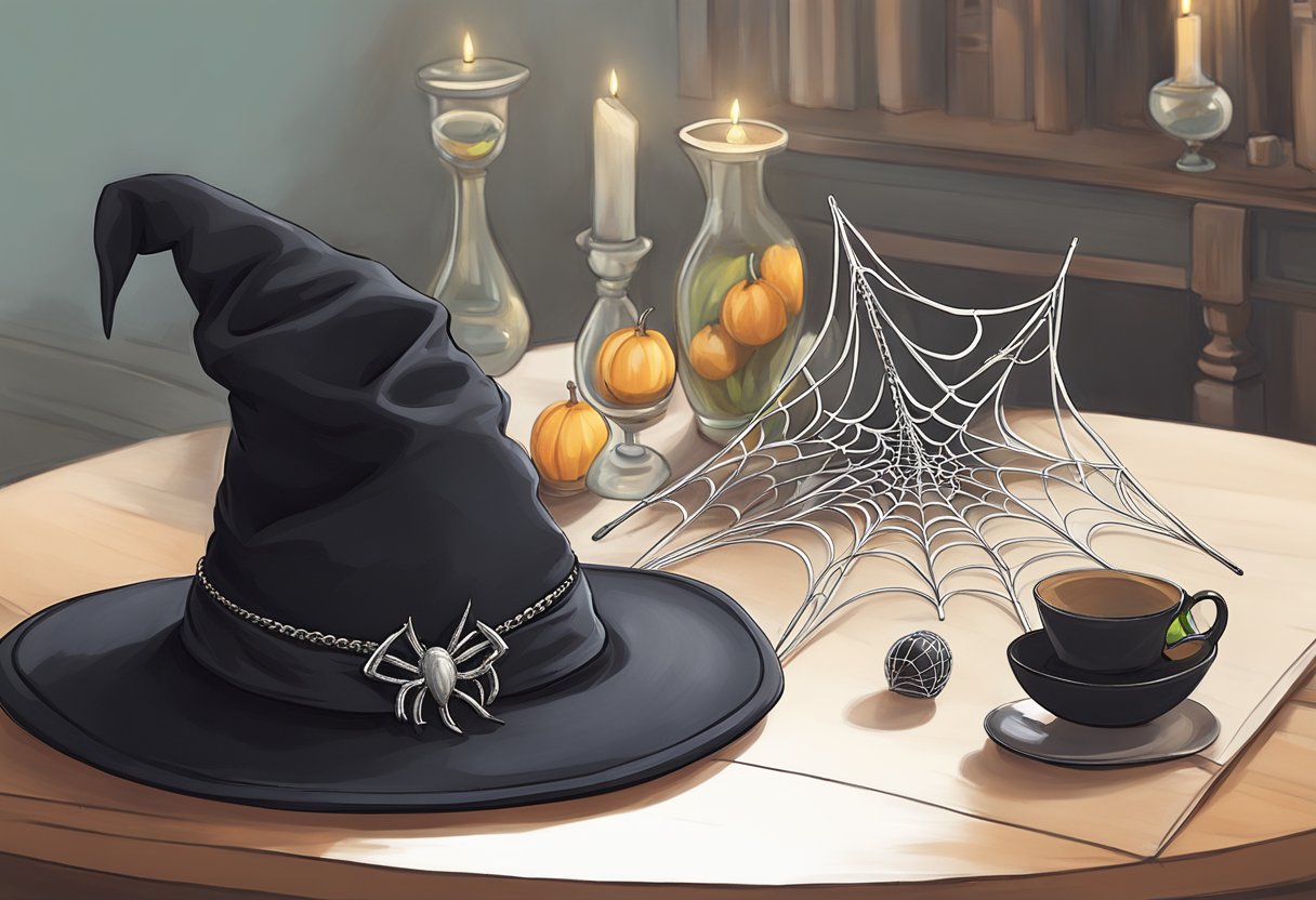 A witch's hat, black cat ears headband, and spiderweb necklace on a table