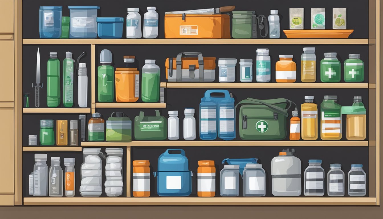 A collection of bug out kits arranged neatly on a shelf, consisting of first aid supplies, emergency food rations, water purification tablets, and multi-tools