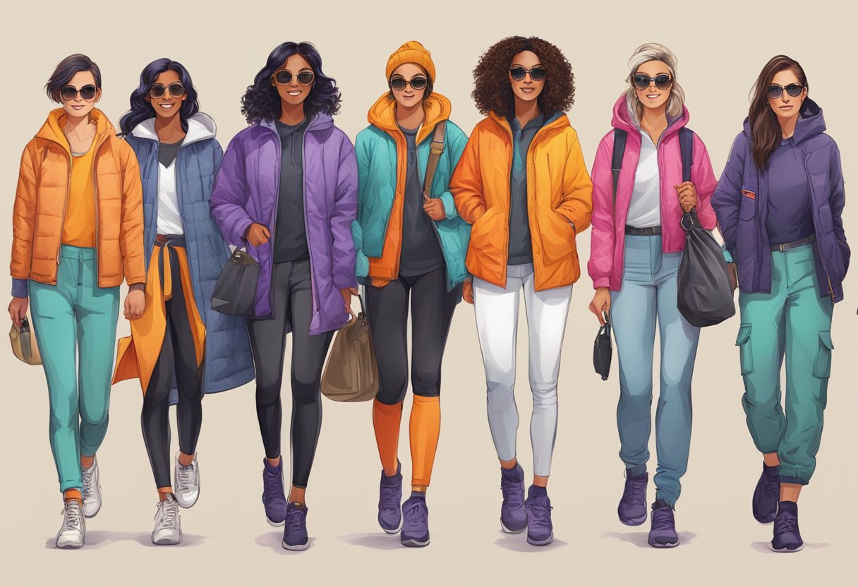 A group of women wearing comfortable and safe Halloween outfits, incorporating bright colors and reflective materials, while also incorporating practical footwear for walking