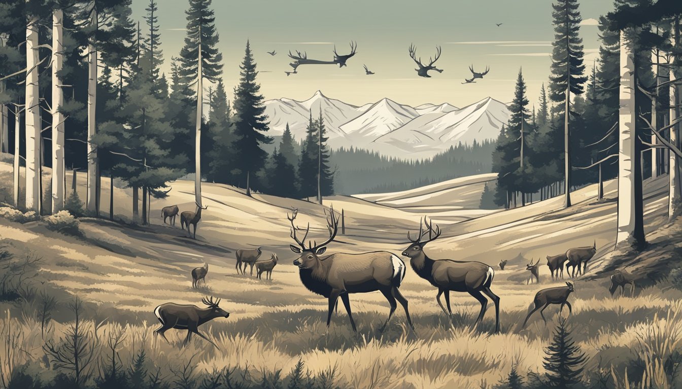 A forested landscape with various wildlife, such as deer and elk, roaming freely. Hunter statistics and trends displayed on a large sign