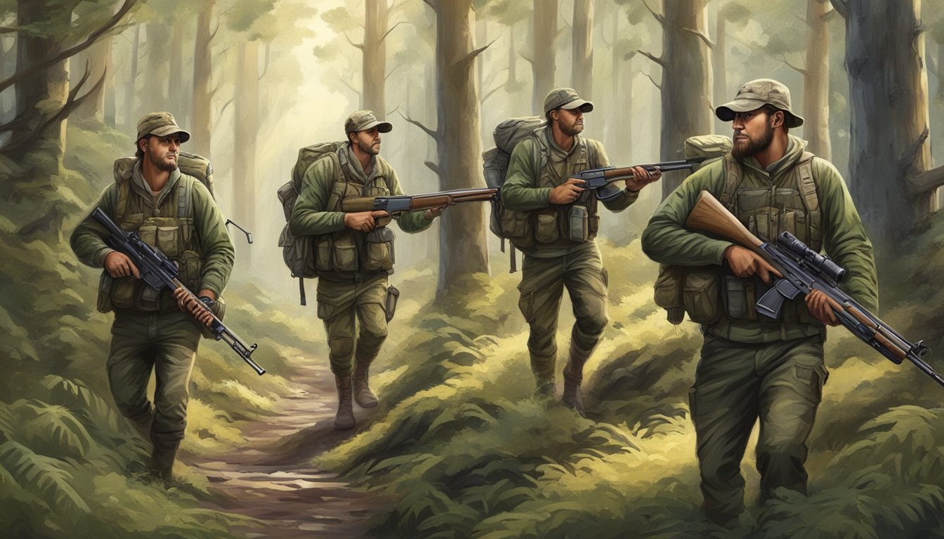 A group of hunters in camouflage gear trek through a dense forest, carrying rifles and surrounded by towering trees and wildlife