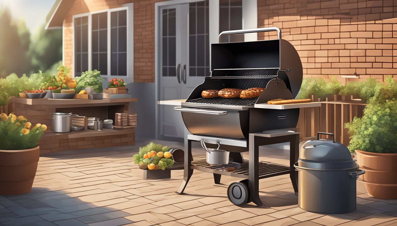 A sunny backyard with a sturdy brick structure, a grill grate, and various tools and materials for building a homemade BBQ