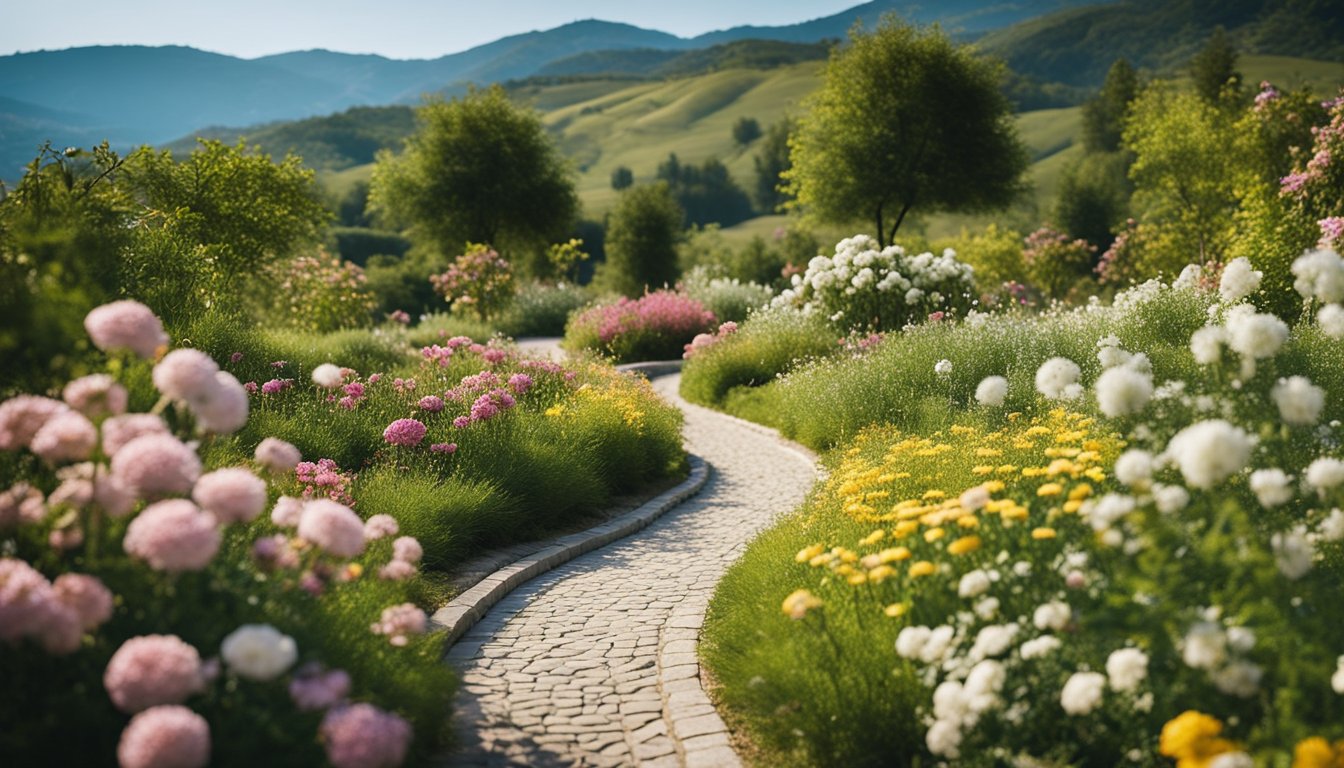 A peaceful garden with blooming flowers and a winding path, surrounded by gentle hills and a clear blue sky
