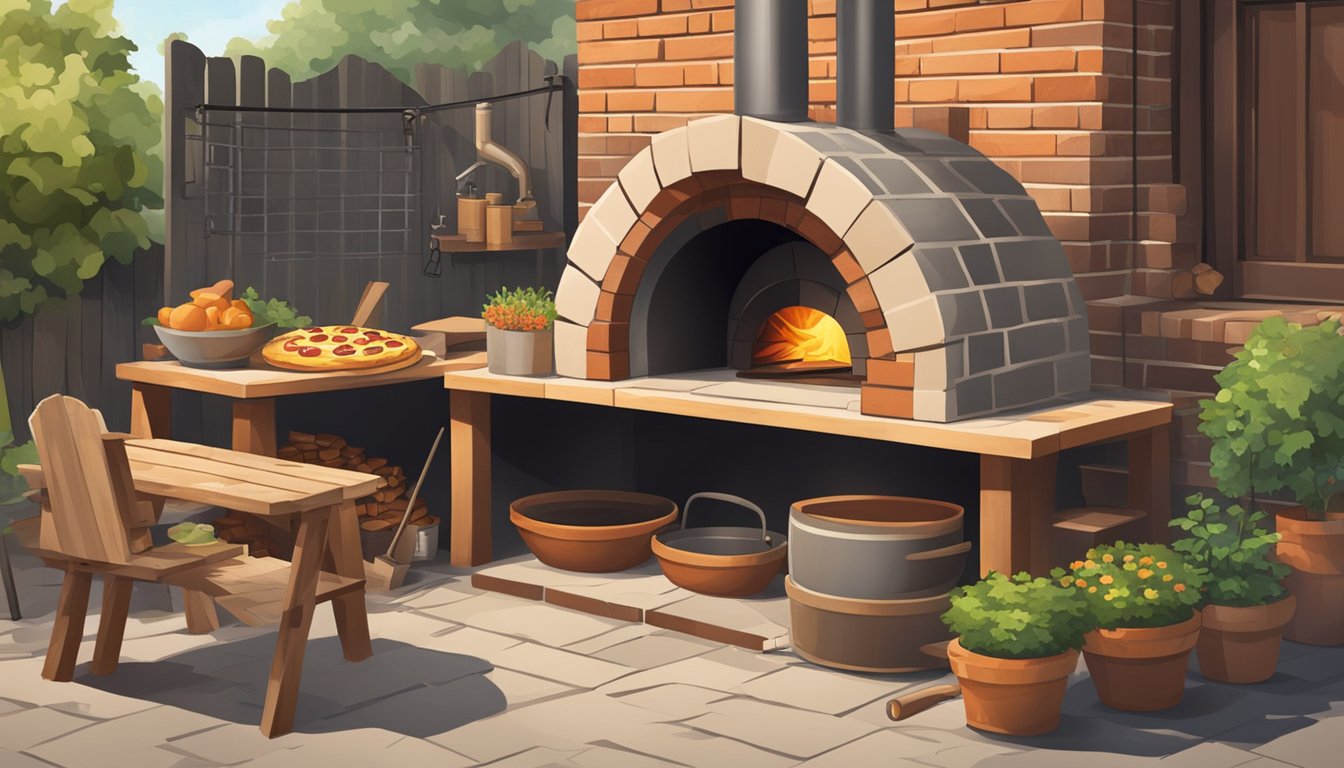 A rustic backyard with a DIY pizza oven under construction, surrounded by tools, bricks, and wood