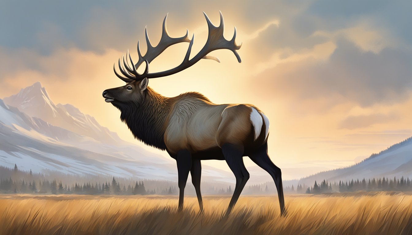 A massive elk standing in a vast, open field, its towering antlers reaching towards the sky as it surveys its surroundings