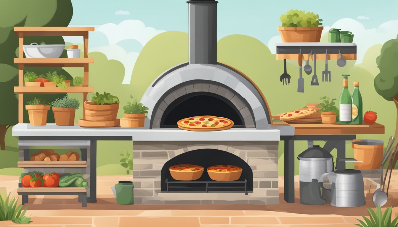 A backyard scene with a homemade pizza oven, surrounded by tools and ingredients for baking perfect pizzas