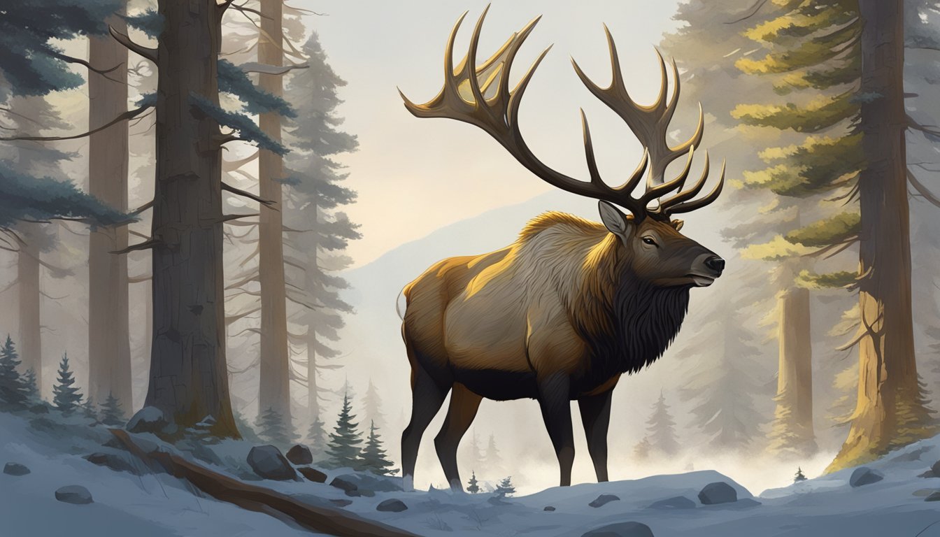 A massive elk stands proudly in a forest clearing, surrounded by awe-struck hunters