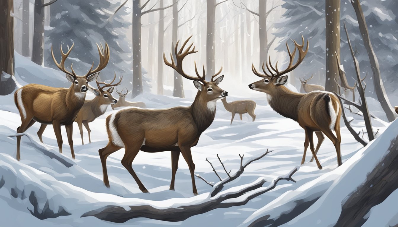 A group of deer foraging for food in a snowy forest, nibbling on twigs and bark to survive the cold winter weather